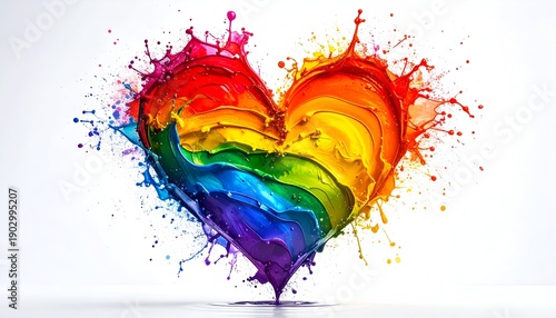 A colorful heart explodes with rainbow paint against a white backdrop, symbolizing love & pride