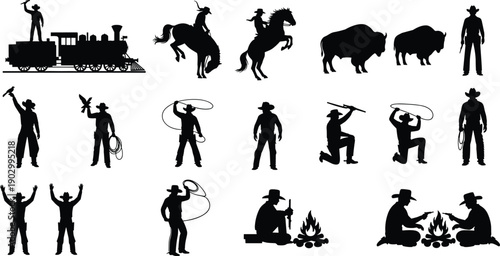 Wild West Cowboy Silhouette Collection Featuring Steam Train Horse Riding Buffalo Lasso Throwing Campfire and Gunman for American Frontier History Vector Illustration Isolated on White