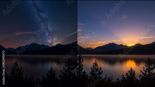 Dramatic landscape views of night and day over lake water and mountains