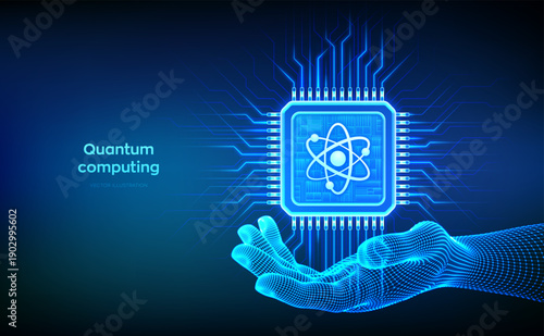 Quantum chip in hand. Quantum processor with qubit superposition. Quantum computing technology. AI. Artificial intelligence. High-speed calculations. Revolutionary algorithms. Vector illustration.