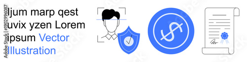 Online security, data privacy, identity authentication, secure transactions, digital contracts, financial technology. Minimal icons of a face, shield dollar sign and certificate. Identity