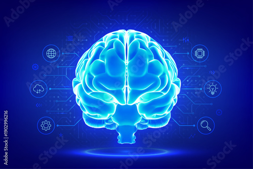 Brain. Futuristic digital brain. Concept of artificial intelligence, neural network, machine learning, data science, innovation technology. Circuit board connections pattern. Vector illustration.