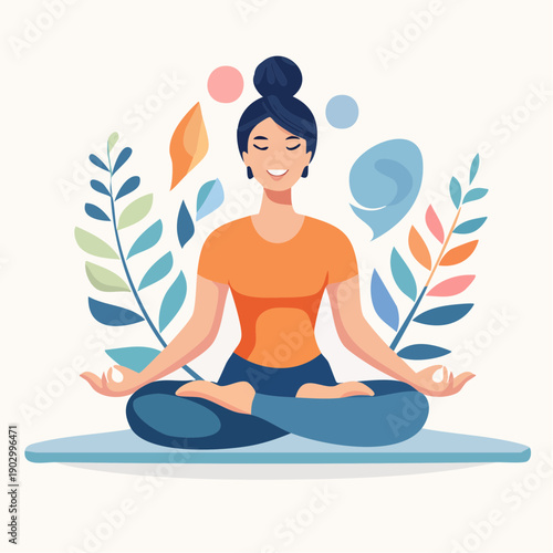 Stylized illustration of a serene woman meditating in the lotus position, surrounded by decorative botanical elements, symbolizing peace, mindfulness, and mental clarity