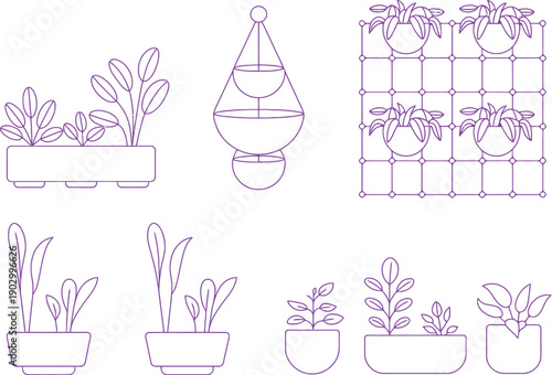 Minimalist Line Art of Potted Plants and Hanging Glass Terrarium architectural drawing CAD design