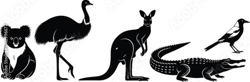 Australian wildlife silhouettes vector set, koala emu kangaroo crocodile bird animals, black and white nature illustration bundle, icon collection isolated designs