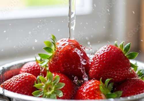fresh red strawberries being washed under a stream of water