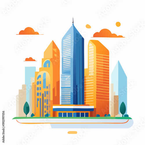Modern cityscape illustration with skyscrapers and clouds, representing urban development and city life