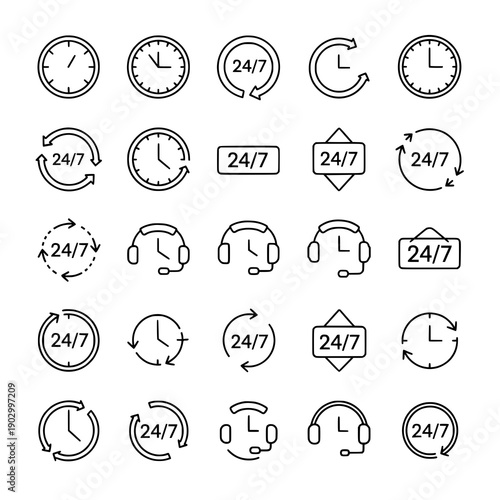 Outline 24 hour support icon black vector customer service line art set