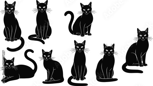 Black cat silhouette illustration set, elegant sitting and lying feline poses spooky animal vector collection isolated on white background minimal design