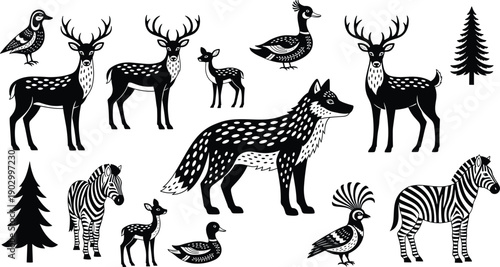 Black and white woodland animals vector set, deer fox zebra birds forest wildlife silhouettes, hand drawn style illustration for kids design and prints
