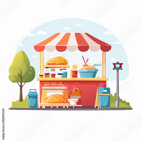 Street food stall with awning and food display during daytime with trees and bins