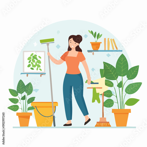 Woman cleaning her home with plants in the background, a bucket, mop, and broom present