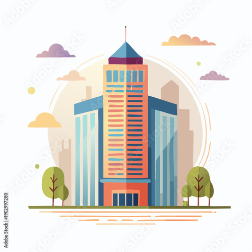 Modern office building in a vibrant city, featuring a tall skyscraper with colorful accents and surrounding trees under a cloudy sky