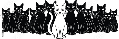 Cat silhouettes group illustration, black and white feline crowd with one white cat, minimalist animal vector design for posters, logos, prints