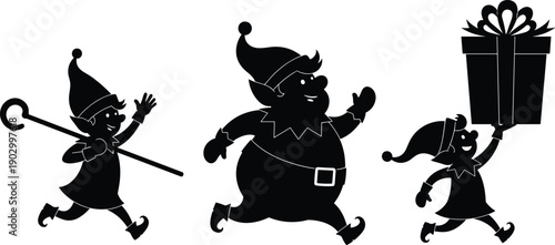 Christmas elf silhouette vector set with playful running elves carrying gifts, festive holiday characters for cards, decorations, stickers, branding, web and print design