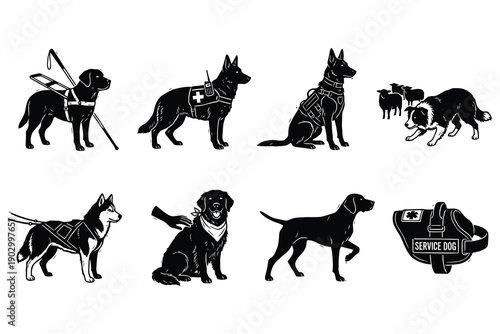 Collection of Working and Service Dog Vector Icons in Black and White Silhouette