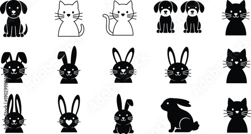 Cute pet animal icons vector set, dog cat bunny rabbit faces illustration, minimal black and white cartoon symbols collection for kids design assets