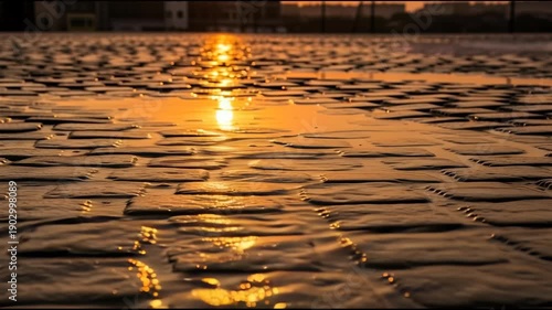 Evening sun reflection on wet cobblestone pavement close up