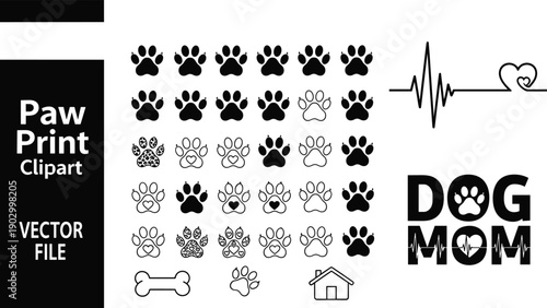 Dog paw print clipart vector set, pet footprint icons with hearts heartbeat dog mom text, veterinary themed black and white design collection