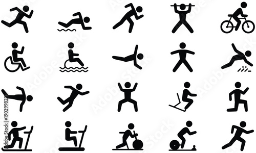 Sport and fitness activity icons showing exercise movements
