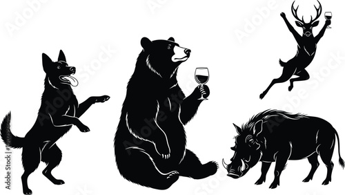 Funny wild animals drinking wine illustration, bear wolf boar deer silhouettes set, humorous party wildlife vector art collection