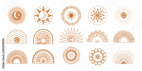 Collection of stylized sun and moon illustrations in warm earthy tones