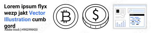 Cryptocurrency, financial exchanges, fintech, data analytics, online trading, blockchain technology. Bitcoin and dollar coin icons with a search interface. Cryptocurrency and financial exchanges