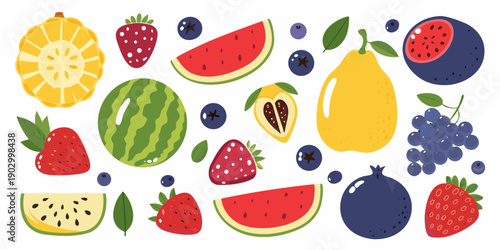 Colorful assortment of fresh fruits including berries melons and citrus