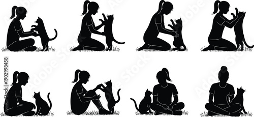 Girl playing with cat silhouette vector set showing bonding moments, pet care scenes and human animal interaction icons for lifestyle, therapy and branding design