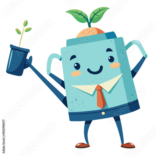 Happy Blue Watering Can Man Holding Plant Pot