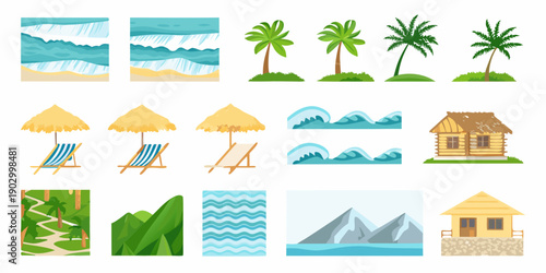 Cartoon illustrations depicting various tropical vacation elements and landscapes