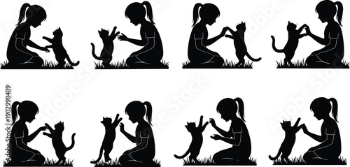 Girl playing with cat silhouettes vector set, child and kitten interaction scenes, black and white animal love illustration collection isolated designs