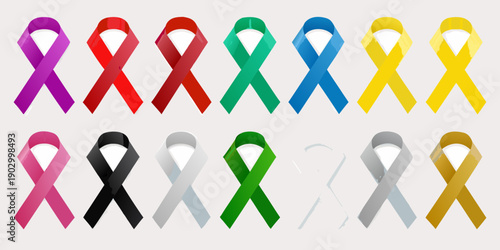 Collection of awareness ribbons in various colors arranged on a white background