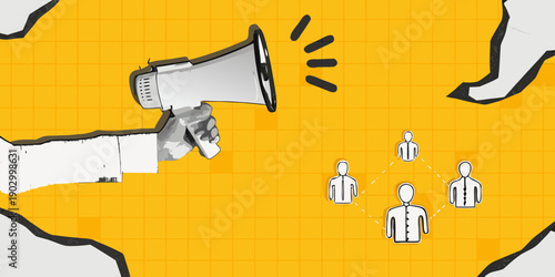 A hand holding a megaphone broadcasting to a group of stylized people