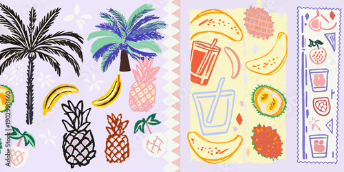 Tropical fruits and drinks illustration with palm trees in pastel shades
