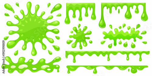 Collection of vibrant green slime drips splatters and flowing shapes