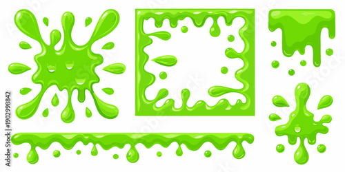 Green slime splashes and drips in various shapes and forms