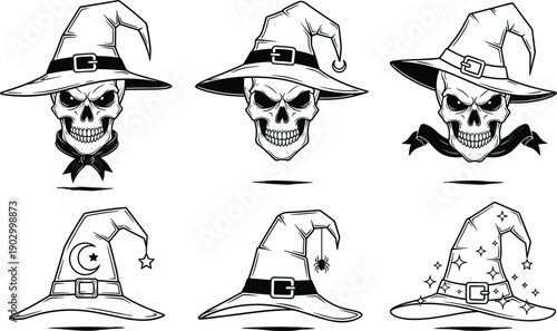 Halloween witch skull illustration set, spooky skulls wearing witch hats magic horror vector collection isolated on white background monochrome style