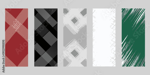 A series of five vertically oriented patterned rectangles in varying colors