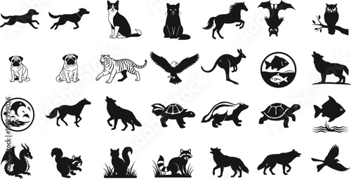 Large animal silhouettes vector set, dogs cats horses birds fish reptiles mammals, wildlife and pet icon collection, black and white illustration pack