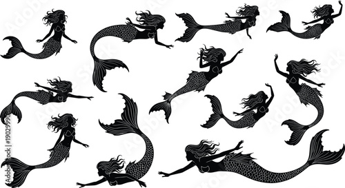 Mermaid silhouette vector set with swimming sea siren poses, elegant mythical fantasy characters for logos, tattoos, apparel, posters, web and print design