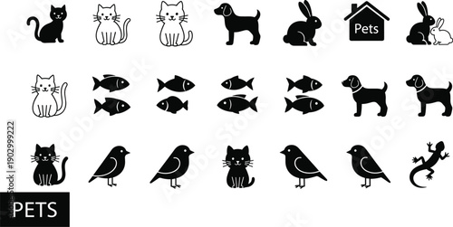 Pet animal icon set illustration, cats dogs fish birds rabbits lizard pets symbols black vector collection isolated on white background