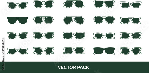 Sunglasses icons vector pack, modern eyewear silhouettes collection, fashion glasses styles set, minimal flat design illustration for branding and UI use
