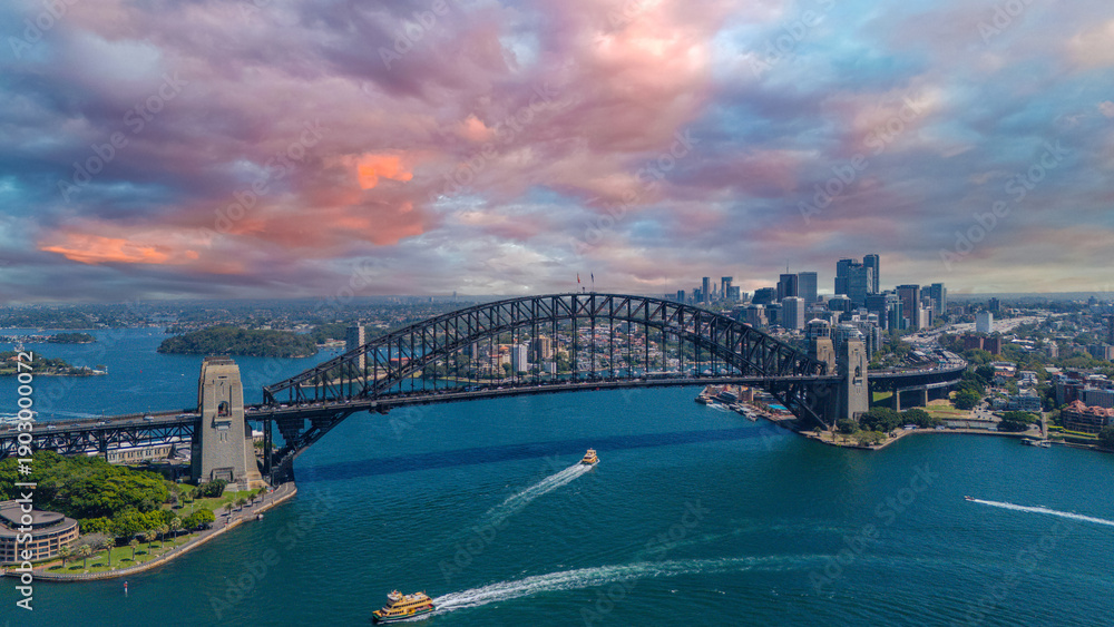 Fototapeta premium 5 February 2026 Aerial View of Sydney Harbour Circular Quay cruise Liner on a nice Summer day beautiful Sky in Sydney NSW Australia
