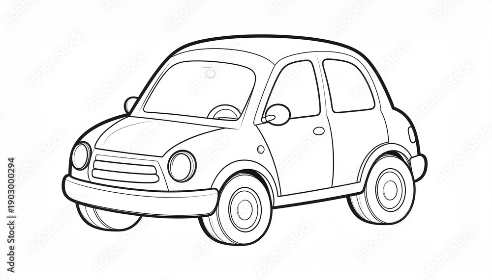 Fototapeta premium A simple black and white line art illustration of a charming cartoon car, featuring a thick, clean outline and a friendly design, perfect for children's books or automotive-themed graphic projects