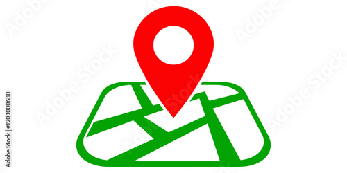 This vector illustration features a green warning sign and a red warning sign alongside a map pointer icon designed for GPS navigation and travel road direction mark placement