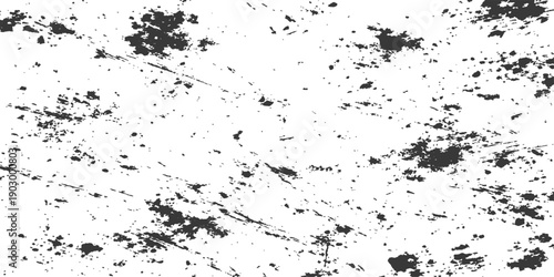 A grunge black ink splat vector illustration featuring a textured paint spray pattern and liquid stain droplets on a dirty paper background with a splatter silhouette border