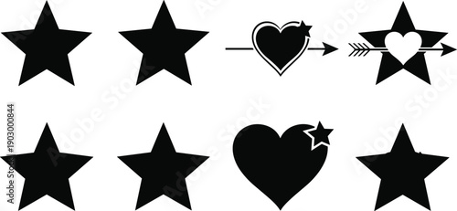 Black vector silhouette icon set of various five point stars and heart shapes for concepts of romance love and branding