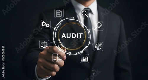 Audit process concept with business professional analyzing financial data