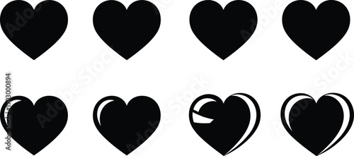 Black vector silhouette icon set of various heart shapes for concepts of love romance valentines day wedding emotions and branding,